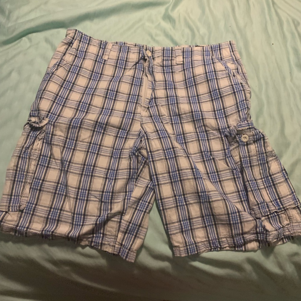 White and blue plaid cargo shorts